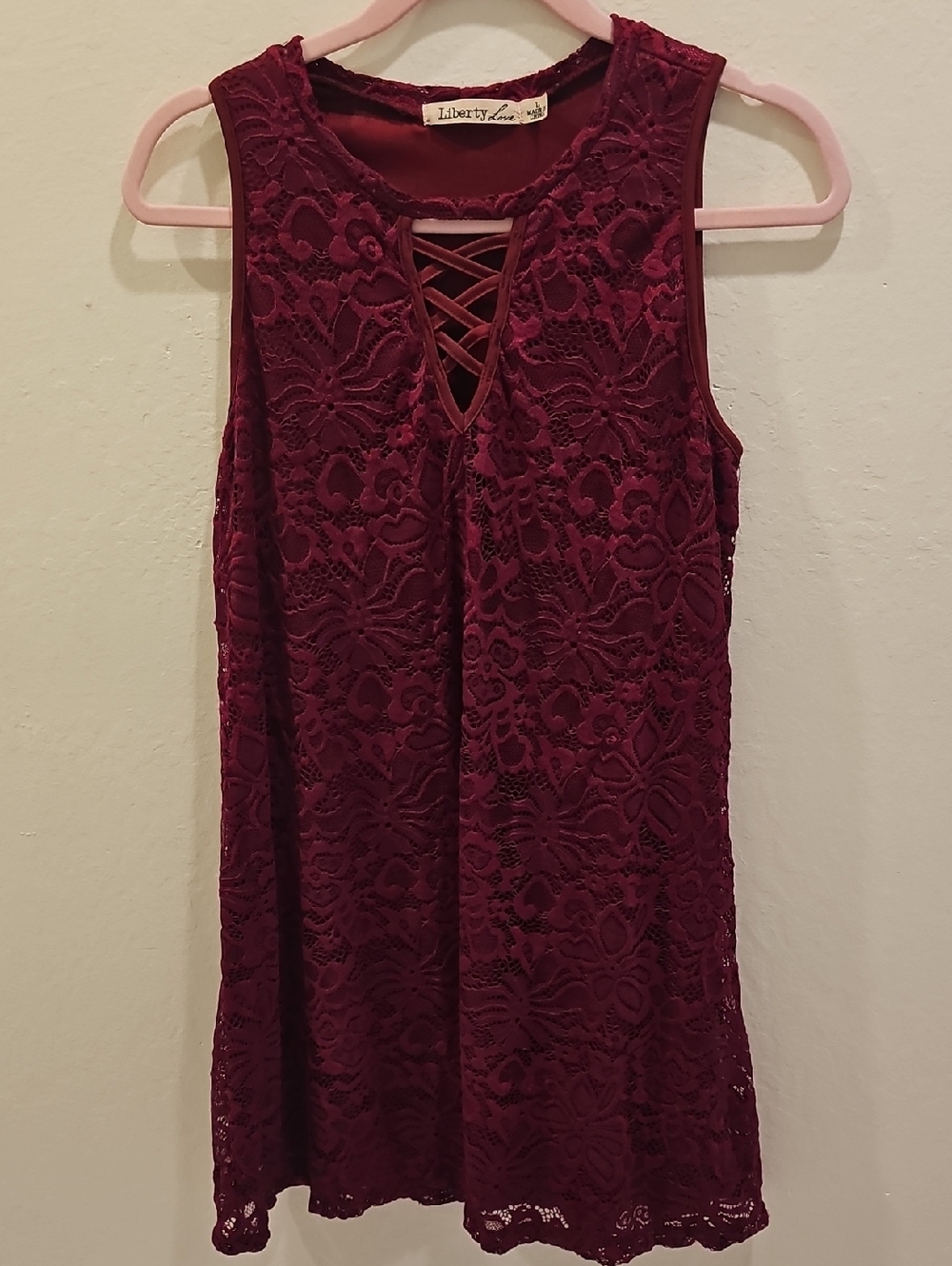 Liberty Love Burgundy Lace Tank with Crisscross Neckline